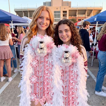 47-Inch Pink and White Homecoming Mum with Teddy Bear Bow & Ribbon