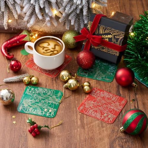 Christmas Circuit Board Coasters Set - Red & Green, 4-Pack - Tech Enthusiast Gift