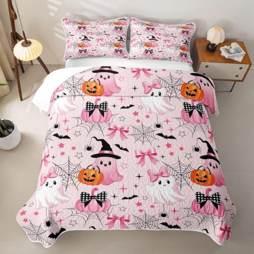 Pink Full Size Halloween Quilt Bedding Set - Fairy Ghost Cartoon Bedspread with Pillowcases