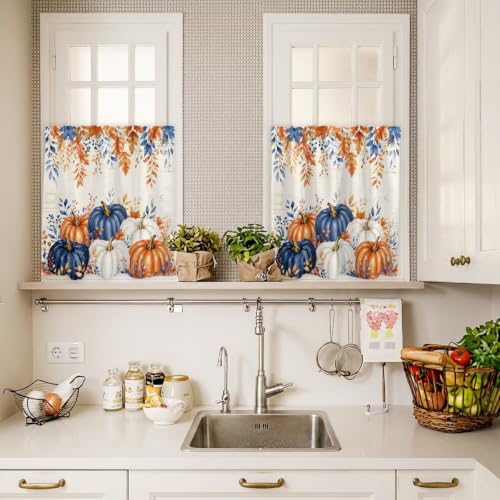 Navy Blue Pumpkin Fall Kitchen Curtain Set - Small Half Curtains with Valance, 24 Inch Length - Pack of 3