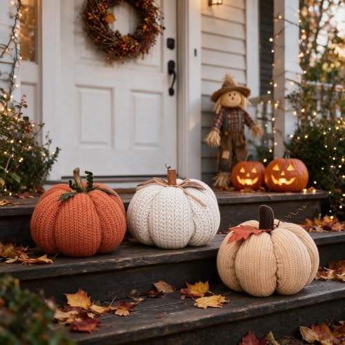 Set of 3 Crochet Fall Pumpkins - Decorative Autumn Home Decor