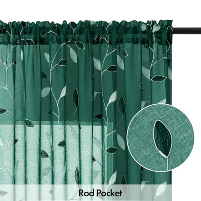 MIULEE Christmas Hunter Green Sheer Curtains Leaf Patterned 52"W x 96"L, Pack of 2
