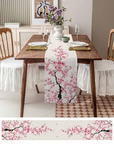 Japanese Style Cherry Blossom Table Runner 13x90 Inches Burlap Cotton Linen