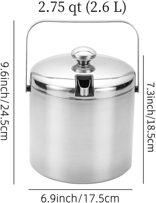 Insulated Ice Bucket with Lid and Scoop & Tong, Double Wall 304 Stainless Steel Ice Bucket for Freezer, Built-in Strainer for Effortless Ice Water, 2.75 qt Ice Buckets for Parties, Champagne Bucket.