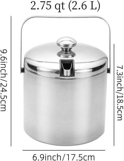 Insulated Ice Bucket with Lid and Scoop & Tong, Double Wall 304 Stainless Steel Ice Bucket for Freezer, Built-in Strainer for Effortless Ice Water, 2.75 qt Ice Buckets for Parties, Champagne Bucket.