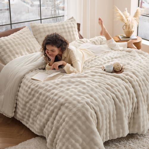Bedsure King 3D Cloud Bubble Comforter Set Beige - Fluffy Warm Bedding, 3 Pieces