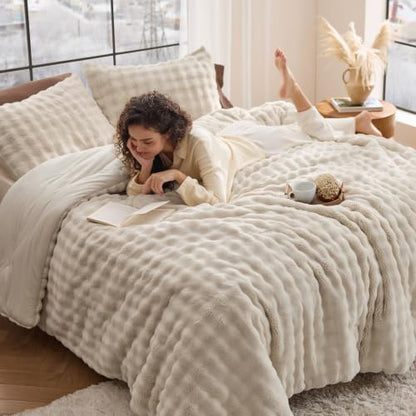 Bedsure King 3D Cloud Bubble Comforter Set Beige - Fluffy Warm Bedding, 3 Pieces