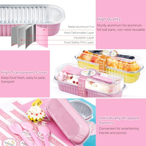 Pink Disposable Mini Loaf Pans with Lids & Spoons 30 Pack - 6.8oz Baking Tins