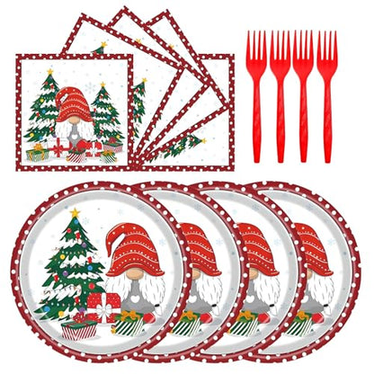 Christmas Gnomes Plates and Napkins Set with Santa & Tree - Holiday Party Supplies