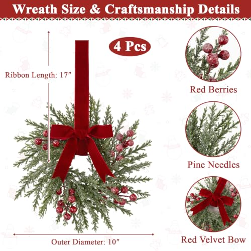 Mini Christmas Wreath Pine Needle 10 Inch Set of 4 for Kitchen Cabinets & Holiday Decor - Pine