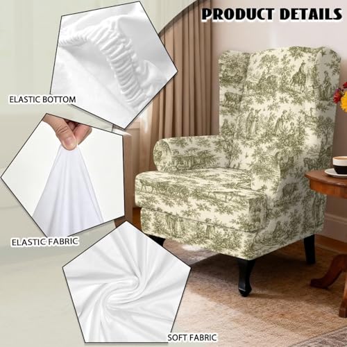 Vintage Toile De Jouy Wingback Chair Cover - Dustproof Slipcover with Elastic Bottom, Pet Safe
