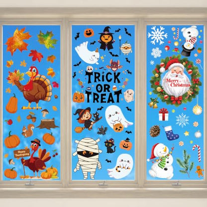 Holiday Window Clings 3-in-1 Set for Halloween Thanksgiving Christmas - Seasonal Decor with Variation Halloween+Thanksgiving+Christmas