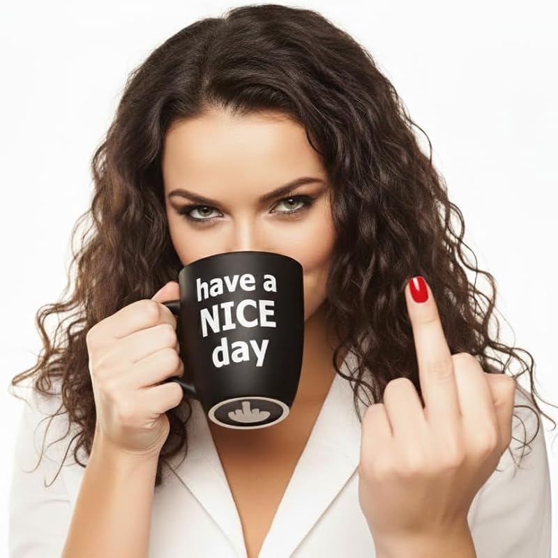 Black Funny Coffee Mug with Middle Finger Gag Design - 14 Ounce Novelty Gift for Adults, Coworkers, Christmas