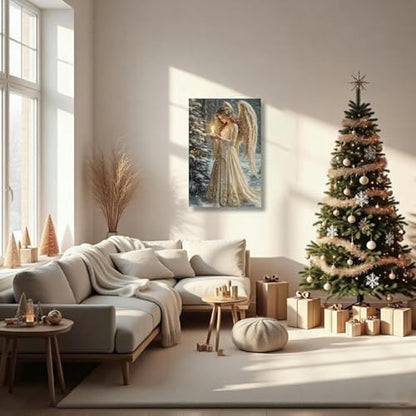 Christmas Angel Wall Art Canvas Print - White Angel Girl & Tree Decor 20L x 16W