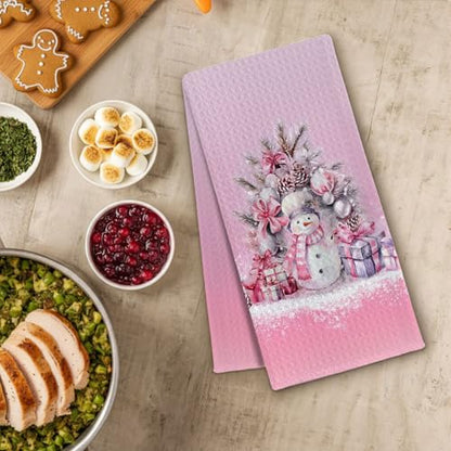 Pink Preppy Coquette Bow Christmas Snowman Kitchen Towels - Holiday Dish Hand Towels 16x24