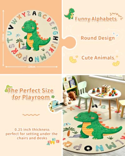 Kids Animal Print Round Play Rug with Dinosaur & ABC Letters - Multi Color, 4ft