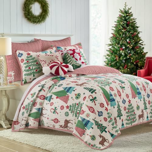 Euro Sham Set of 2 - 26x26in Tree Festival Red & White Stripe - Tie Closure - Polyester - Variations