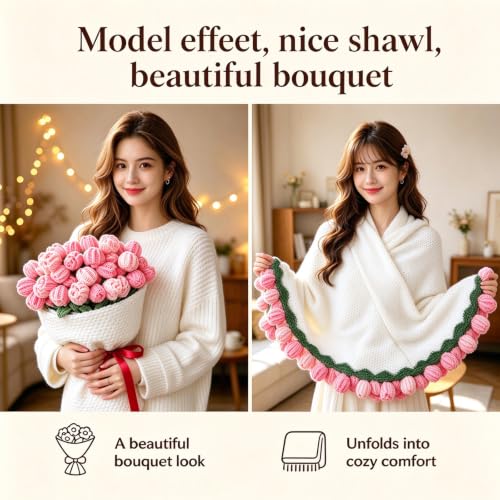 Pink Rose Flower Bouquet Blanket Gift Set - 7-Piece, 32-Inch for Women, Mom, Sister