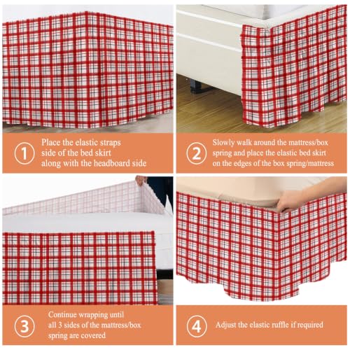 King Size Bed Skirt 16 Inch Drop Adjustable Elastic Dust Ruffle Wrap Around Bedskirt - Red Crimson Ruby & White