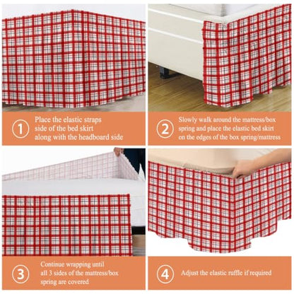 King Size Bed Skirt 16 Inch Drop Adjustable Elastic Dust Ruffle Wrap Around Bedskirt - Red Crimson Ruby & White