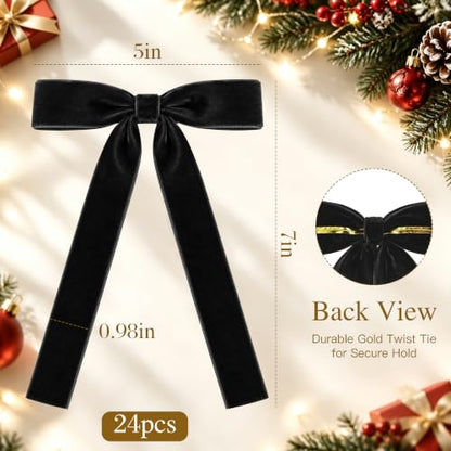 Black Velvet Christmas Bows 24 Pack for Tree & Holiday Decorations