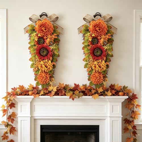Fall Swags for Front Door - 23.6 Inch Autumn Wreath Set Orange Yellow - 2 Pieces