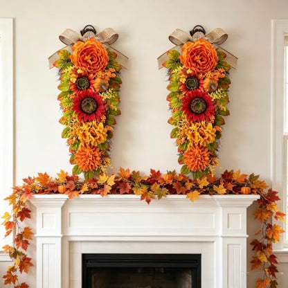 Fall Swags for Front Door - 23.6 Inch Autumn Wreath Set Orange Yellow - 2 Pieces