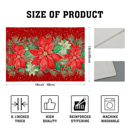 Red Poinsettias Placemats Set of 4 - 12 x 18 Inch Winter Holiday Table Decor