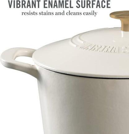 Martha Stewart Gatwick 7-Quart Enamel Cast Iron Dutch Oven - Linen White with Gold | Durable for Slow Cooking & Baking