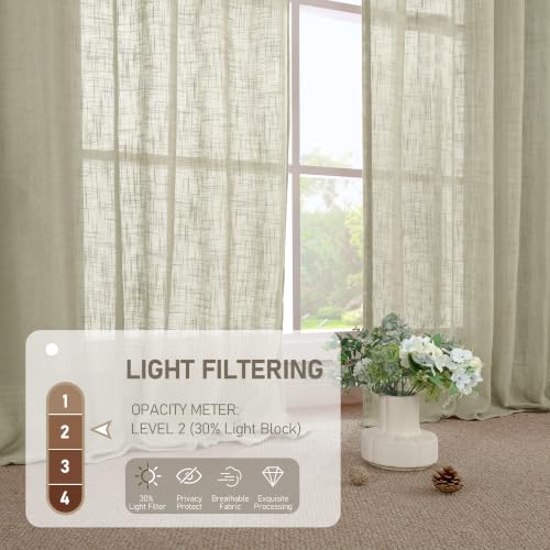Linen Sheer Curtains 34x63 Inch Set - Oatmeal Textured Window Drapes with Grommets