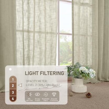 Linen Sheer Curtains 34x63 Inch Set - Oatmeal Textured Window Drapes with Grommets