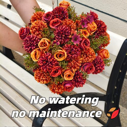 Artificial Fall Flowers Bouquet - Orange Red Silk Faux Arrangement, 8 Pack Variation
