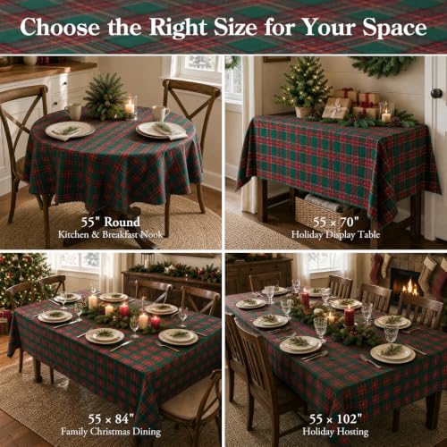 Christmas Tartan Plaid Tablecloth for 6 Foot Rectangular Tables - Green & Red, 55 x 84 Inches