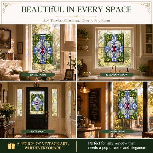 Blue Floral Stained Glass Window Panel - 25 x 18 Inches Home Decor