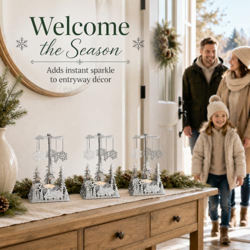 Winter Cabin Silver Holiday Candle Spinner Set of 3 - Laser Cut Christmas Scene, Christmas Decor