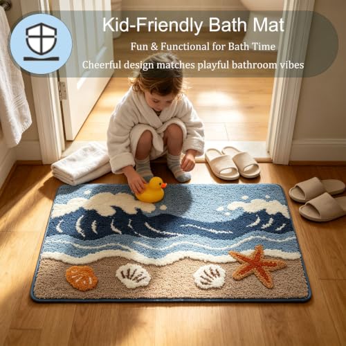 Divtada Coastal Sea Cloud Beach Bath Mat 20x32 Inches - Ocean Wave Starfish Rug