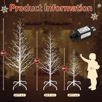 Rossesay 3 Pack Lighted White Birch Trees - 4ft, 5ft, 6ft Christmas Decor with LED Lights