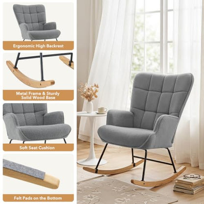 Nursery Glider Rocking Chair with Teddy Fabric & Solid Wood Base - Grey