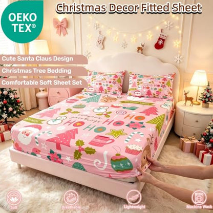 Pink Christmas Bed Sheets Set Twin with Santa Snowman Deer & Tree Design - Variation of Multi 43 / Twin