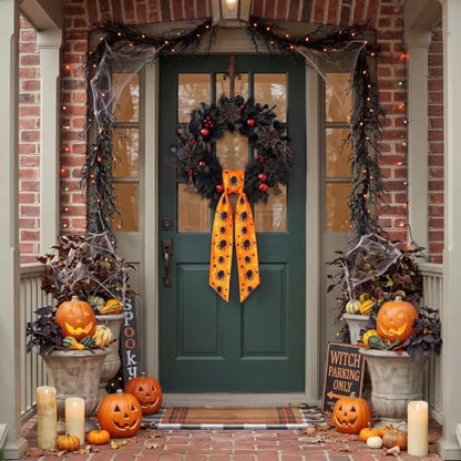 Halloween Wreath Sash for Wreath Orange Buffalo Plaid Ghost Decor Style2