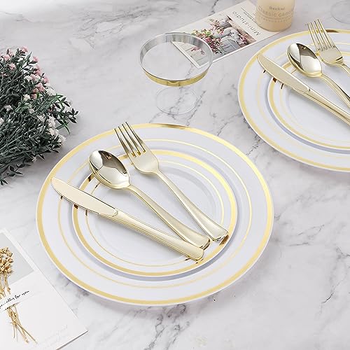 Disposable Plastic Dinnerware Set for 25 Guests - Gold Dinner Plates & Cutlery