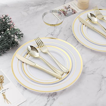 Disposable Plastic Dinnerware Set for 25 Guests - Gold Dinner Plates & Cutlery