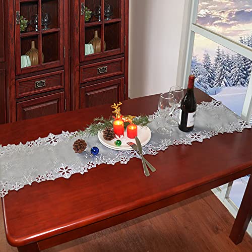 Christmas Snowflake Embroidered Silver Table Runner 14x108 Inches - Winter Holiday Decor