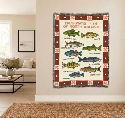North America Fish Tapestry Throw Blanket - Cotton Woven Cabin Decor 72x54