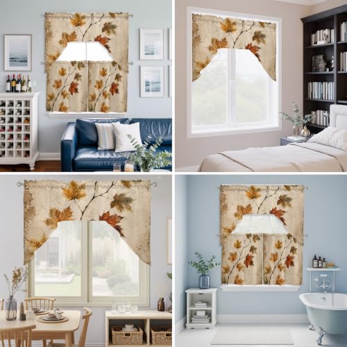 Brown Sienna Fall Maple Leaf Window Valance and Tier Curtains Set - 3 Pieces, 27.5W x 36L