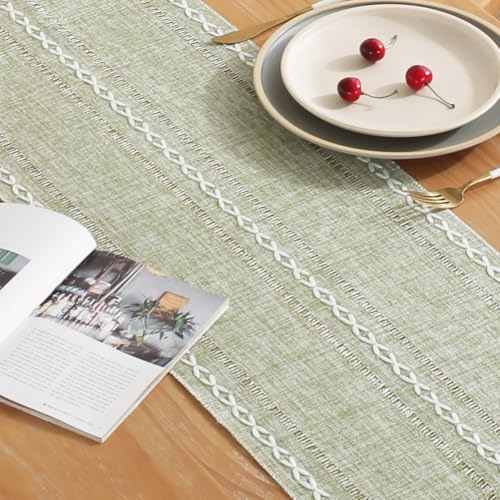 Rustic Table Runner with Tassels - Sage Green 13x86 Inches Farmhouse Boho Linen Cotton