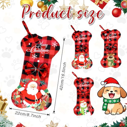 3 Pack Dog Christmas Stockings Bone Shape Buffalo Plaid Large Holiday Decor