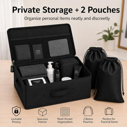 Black Lockable Privacy Toy Storage Box with Combo Lock & Soft Bags for Adults