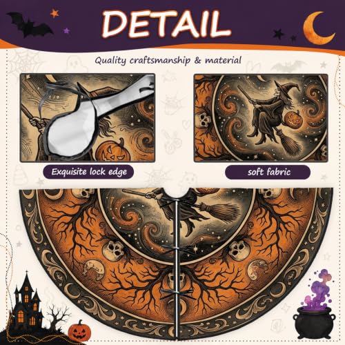 Gothic Witch Halloween Tree Skirt 60 Inch - Orange & Black, Skulls & Moon Design