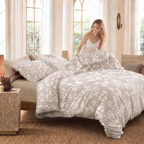 Queen Size Floral Comforter Set 3 Pieces Cotton Bedding - Beige Leaf Stripe